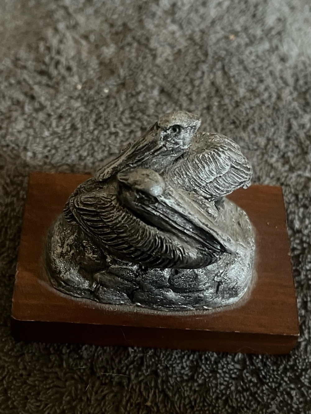 Pelican Bird Figurine in Metallic Gray. Deaton Museum Products. Newton, Iowa